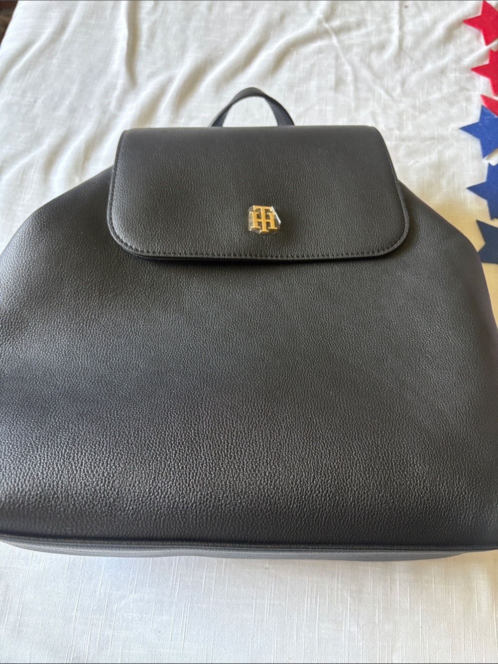 Tommy Hilfiger Black Pebbled Faux Leather Backpack with Branded closure NWT